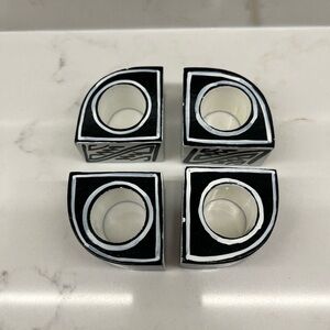 Vintage Set of 4 Wood Black and White Hand Painted Napkin Rings Philippines